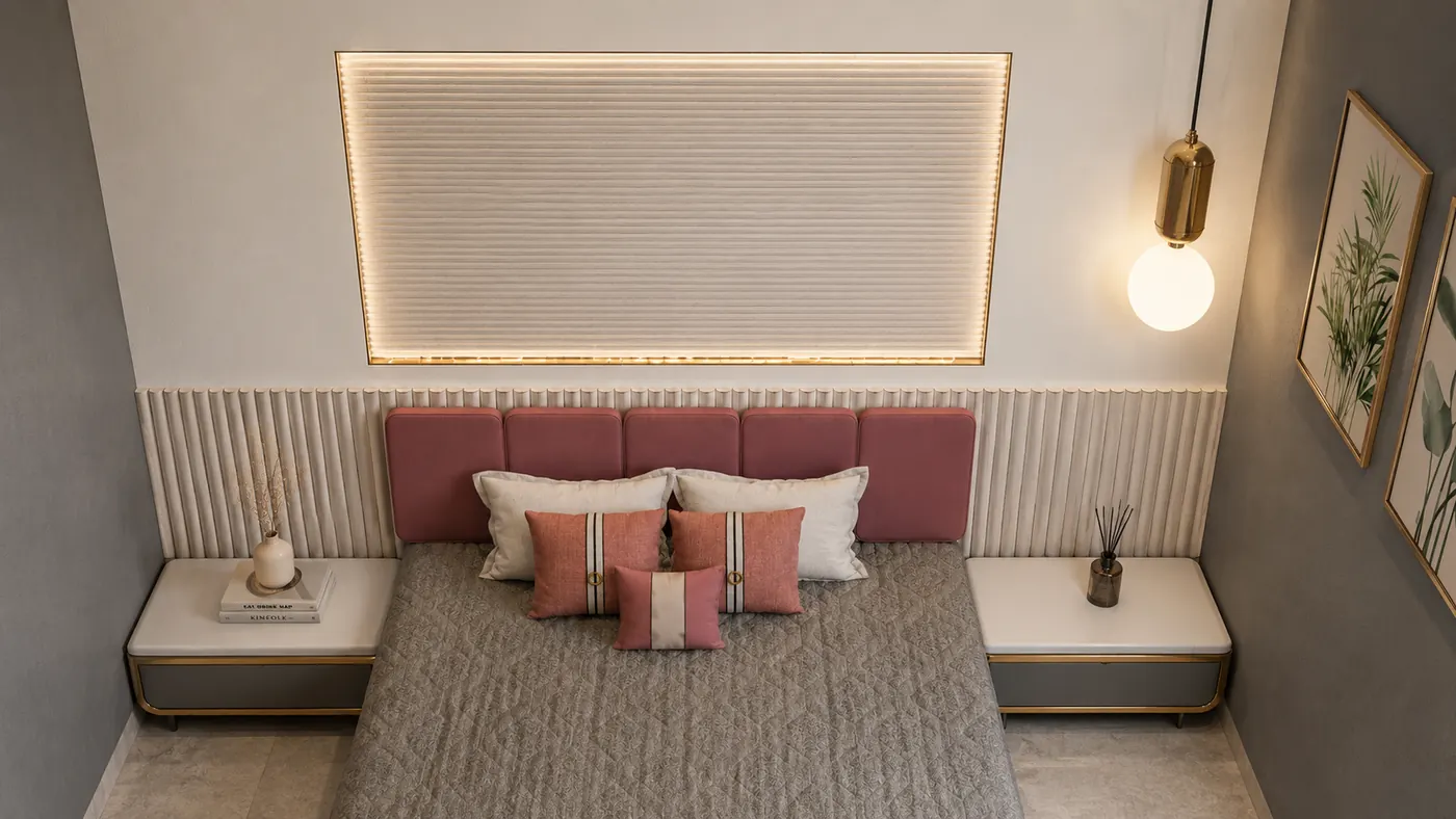 Dusty Rose Bedroom with Golden Globe Pendant