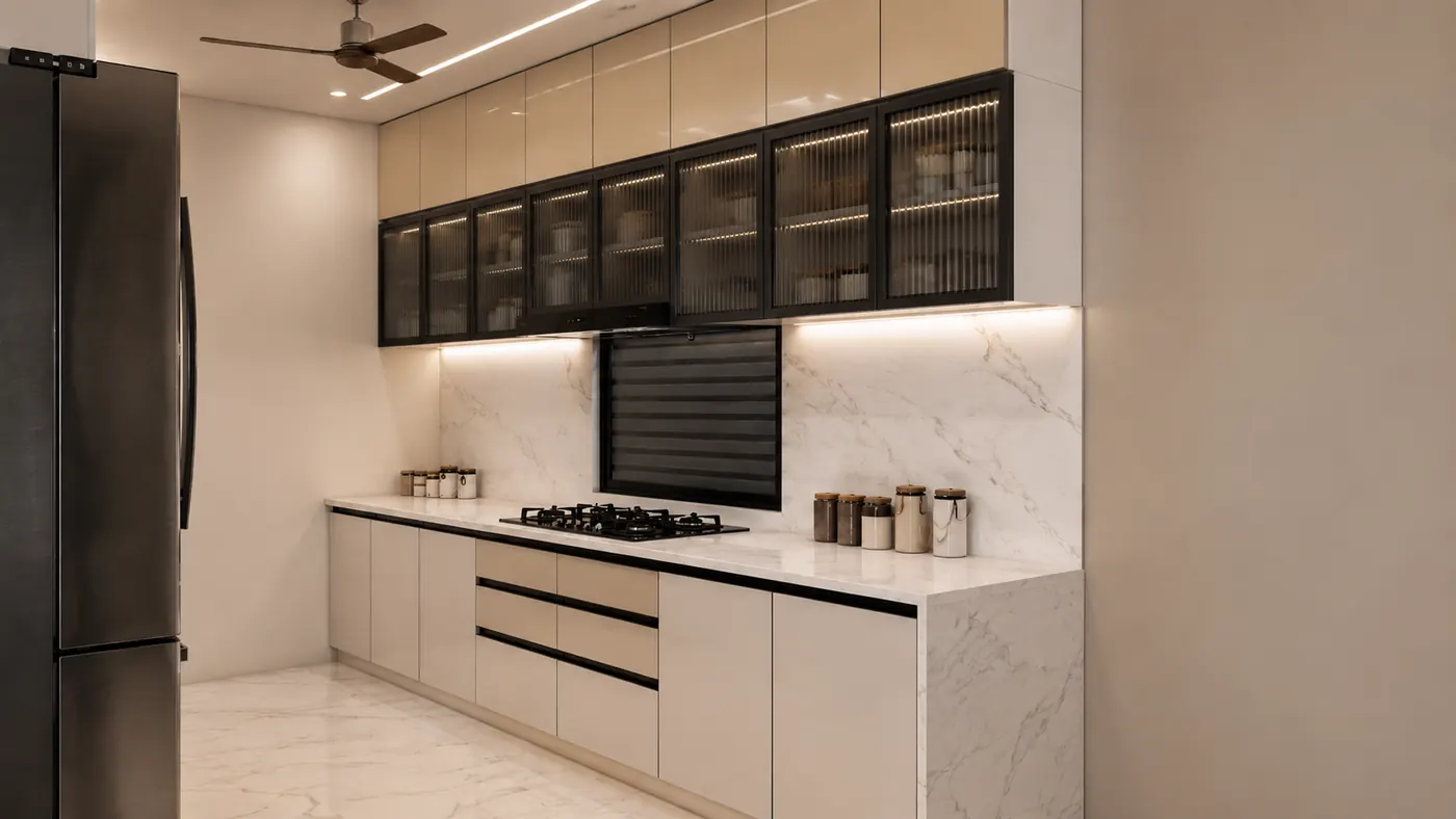 Calacatta Marble Kitchen and Reeded Display